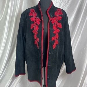 Vintage Black Suede Floral Embroidered Coat – Plus Size 2X Goth Boho Style